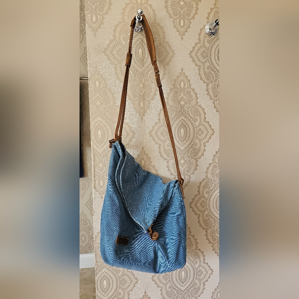 Tom Clovers Blue Canvas and Tan Leather Hobo Bag